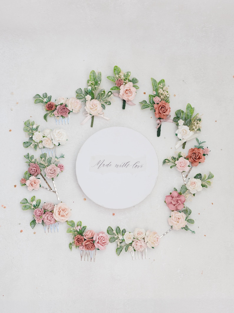 Braut Haarkamm mit Blumen in altrosa, ivory und rosenholz. Hochzeit Haarschmuck für die Braut, Romantische Haarblumen Bild 10