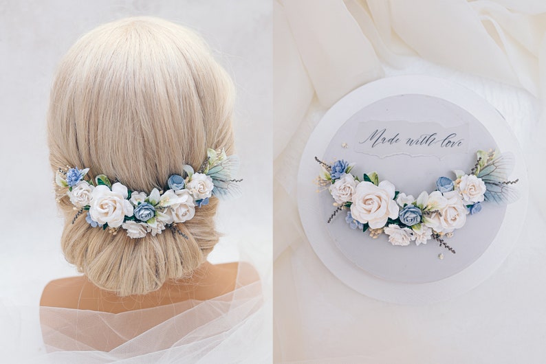 Bridal headpiece with blue and white flowers, dried Baby's breath, preserved stoebe and delicate butterfly wings. Romantic wedding hair vine image 1