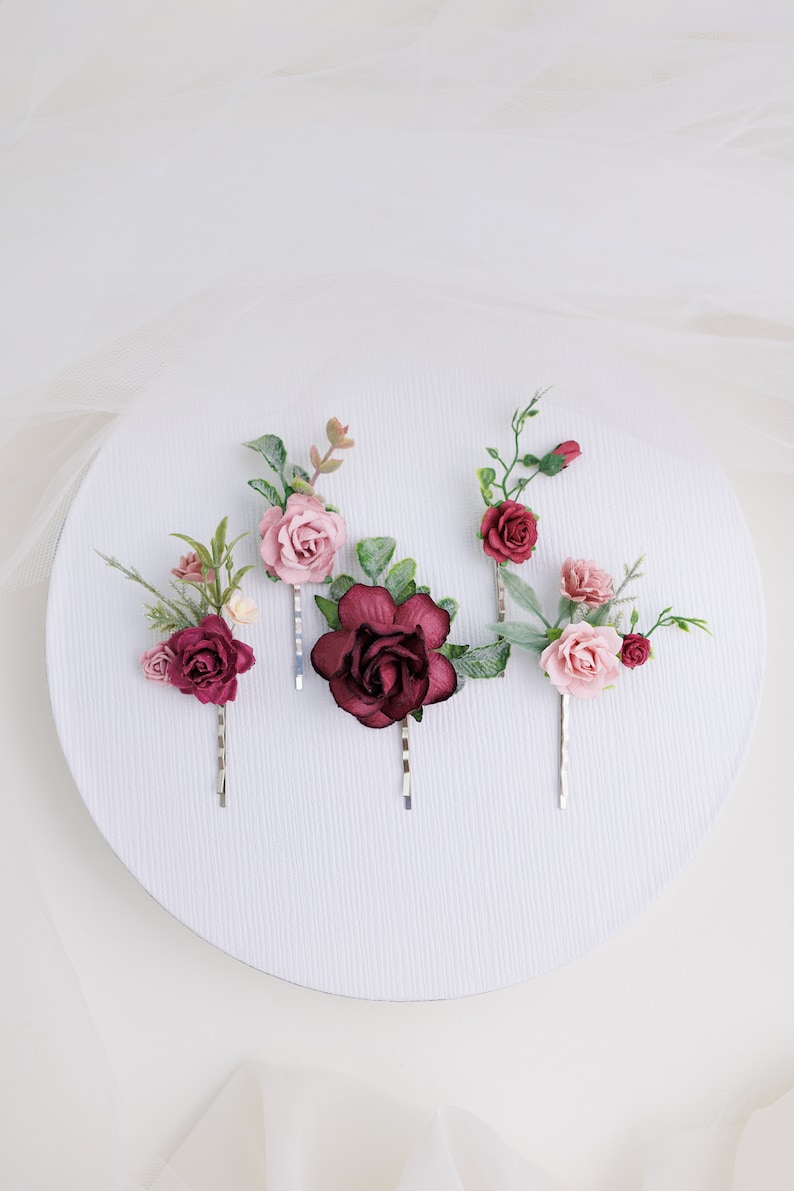 Boho bruidshaarspelden met eucalyptus. Bloemen haarspelden. Bruiloftshaarbloemen in stoffig roze, ivoor, bordeaux, roze. Bruiloft hoofddeksel Set x 5 hair pins