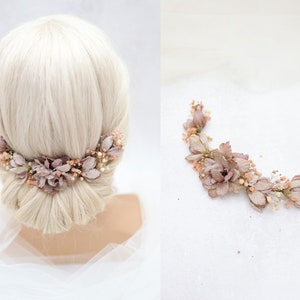 Bridal hair vine with dusty brown roses and dried baby&#39;s breath. Boho and rustic wedding headpiece with silk flowers. Vintage inspired piece