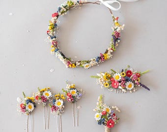 Colorful flower crown, headpiece and boutonniere with dried flowers, sunflowers and daisies. Bridal flower hair wreath, fairy crown