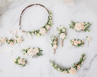 Corona di fiori da sposa, pettine, forcine o boutonniere - verde e crema, champagne Fiori per capelli della sposa o della damigella d'onore. Boho, matrimonio rustico