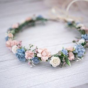 Bridal Flower Crown, rustic and boho fairy headpiece, eucalyptus, gypsophila hair wreath, Hair Flowers, Photo Shooting headband, dusty blue image 2