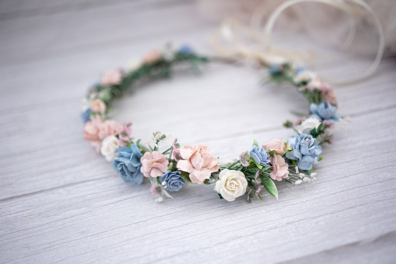 Bridal Flower Crown, rustic and boho fairy headpiece, eucalyptus, gypsophila hair wreath, Hair Flowers, Photo Shooting headband, dusty blue image 2