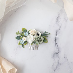 Bridal hair comb roses, forget-me-not flowers, anemones, eucalyptus leaves. Boho Rustic wedding headpiece. Bridesmaid hair flowers image 2