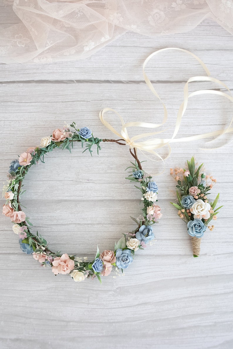 Bridal Flower Crown, rustic and boho fairy headpiece, eucalyptus, gypsophila hair wreath, Hair Flowers, Photo Shooting headband, dusty blue image 8