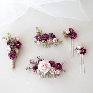 Peigne à cheveux de mariée avec fleurs et feuilles d'eucalyptus Coiffe de mariage boho et rustique Marsala Red and Blush Hairpiece Peigne midi de demoiselle d'honneur image 2