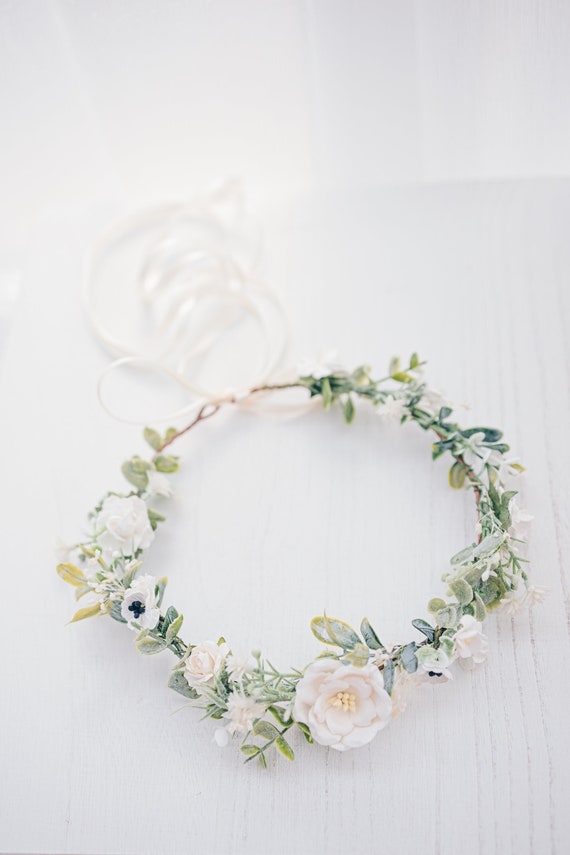 3 Cream flower and Eucalyptus Hair Wreaths EUCALYPTUS 3/4 Wreath | Preserved Eucalyptus Minimalist of  main image 2
