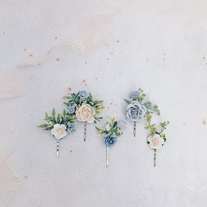 Blue bridal headpiece, hair comb, bobby pins or boutonniere. Roses, butterfly, eucalyptus and dried gypsophila. Boho wedding accessories Set x 5 hair pins