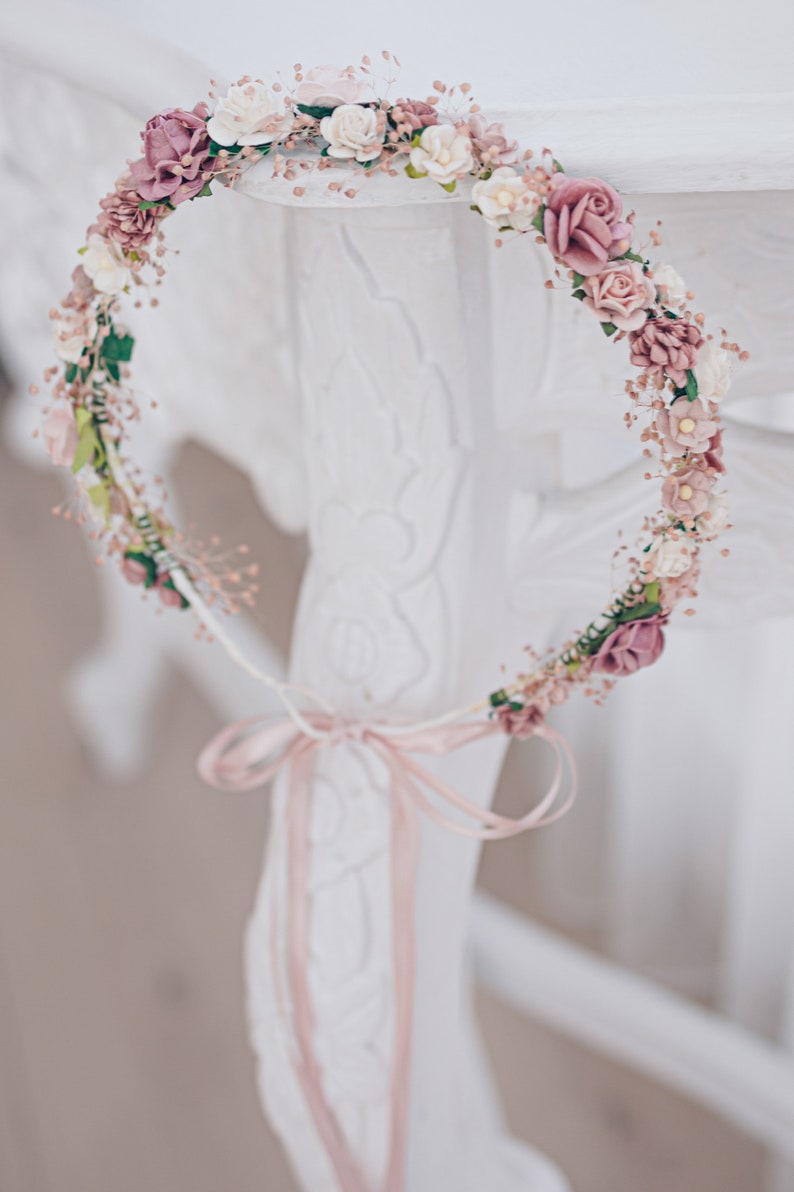 Aliento del bebé de la corona de flores, tocado nupcial, corona de pelo, corona de hadas, diadema de accesorios para el cabello de la boda en rosa polvoriento, malva, rosa, rubor imagen 7