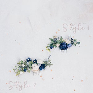 Peigne de mariée avec fleurs bleu foncé et blanches, coiffe de mariage bohème. Fleurs pour cheveux de demoiselle d'honneur, accessoire pour cheveux, bleu marine, bleu marine image 2