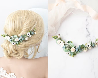 Bridal Hair Vine with roses, forget-me-not flowers, anemones, eucalyptus leaves. Boho Rustic wedding headpiece - green, blue, ivory