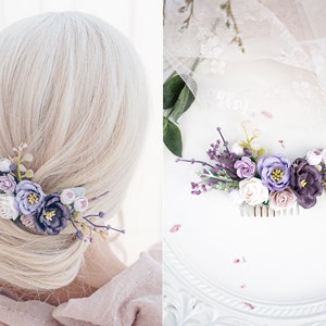 Bridal Hair Comb with Flowers, Eucalyptus and Ruscus, Boho Wedding Headpiece Bridesmaid Hair Flowers with Roses and greenery in blush, lilac