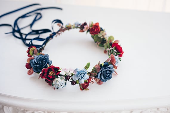 Bridal Flower Crown With Red and Blue Flowers, Leaves and  display picture 1