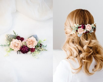 Braut Haarschmuck mit Blumen, Eukalyptus Blätter und Schleierkraut in nude, apricot, marsala rot Brautjungfern Haarkamm Oktoberfest Schmuck