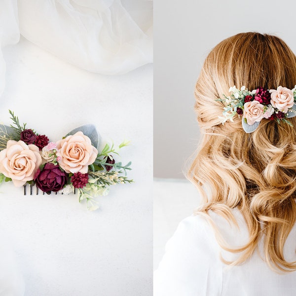 Braut Haarschmuck mit Blumen, Eukalyptus Blätter und Schleierkraut in nude, apricot, marsala rot Brautjungfern Haarkamm Oktoberfest Schmuck