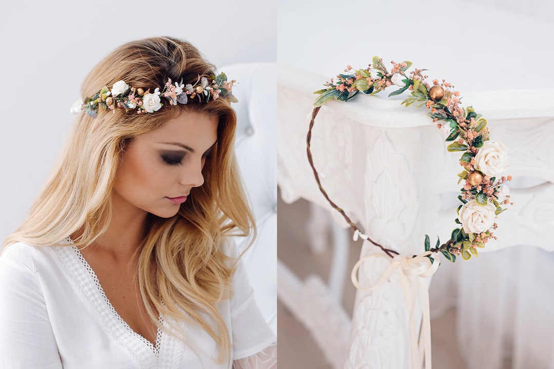 Diadema con corona de flores, guirnalda de rosas, bandas para el cabello,  diseño floral, boda, novia, para mujer, cinta de hojas, decoración de