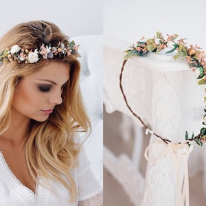 Hochzeit Blumenkranz Braut Haarschmuck Haarkranz mit Blumen,Perlen und Schleierkraut, Oktoberfest Haarranke, Brautjungfern Haarblüten