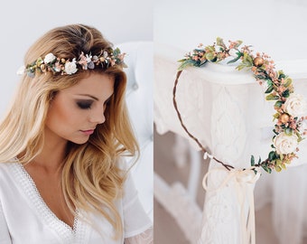 Hochzeit Blumenkranz Braut Haarschmuck Haarkranz mit Blumen,Perlen und Schleierkraut, Oktoberfest Haarranke, Brautjungfern Haarblüten