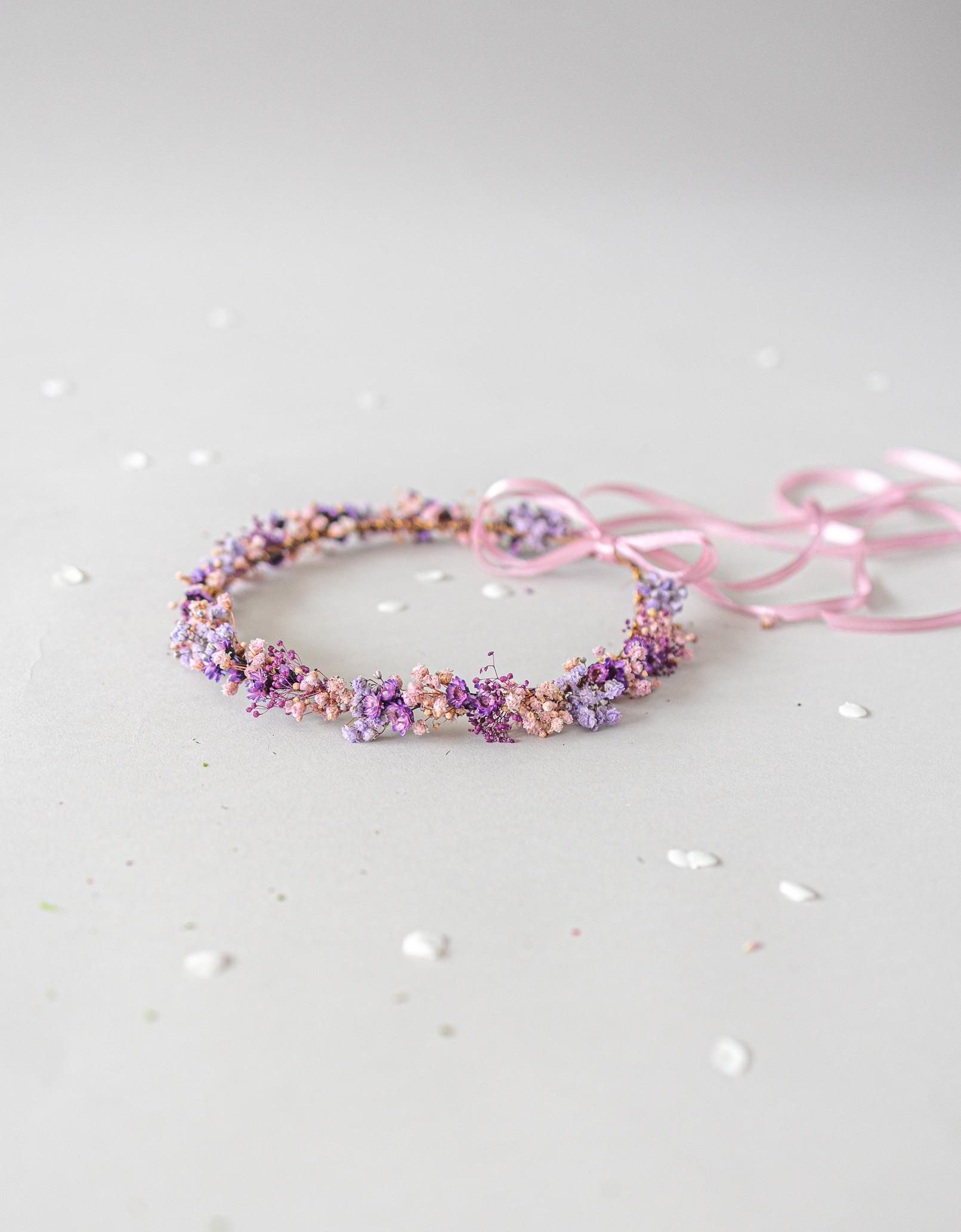 Romantic flower crown with dried flowers. Bridal flower hair wreath,  purple fairy crown, wedding headband, meadow headpiece, floral halo