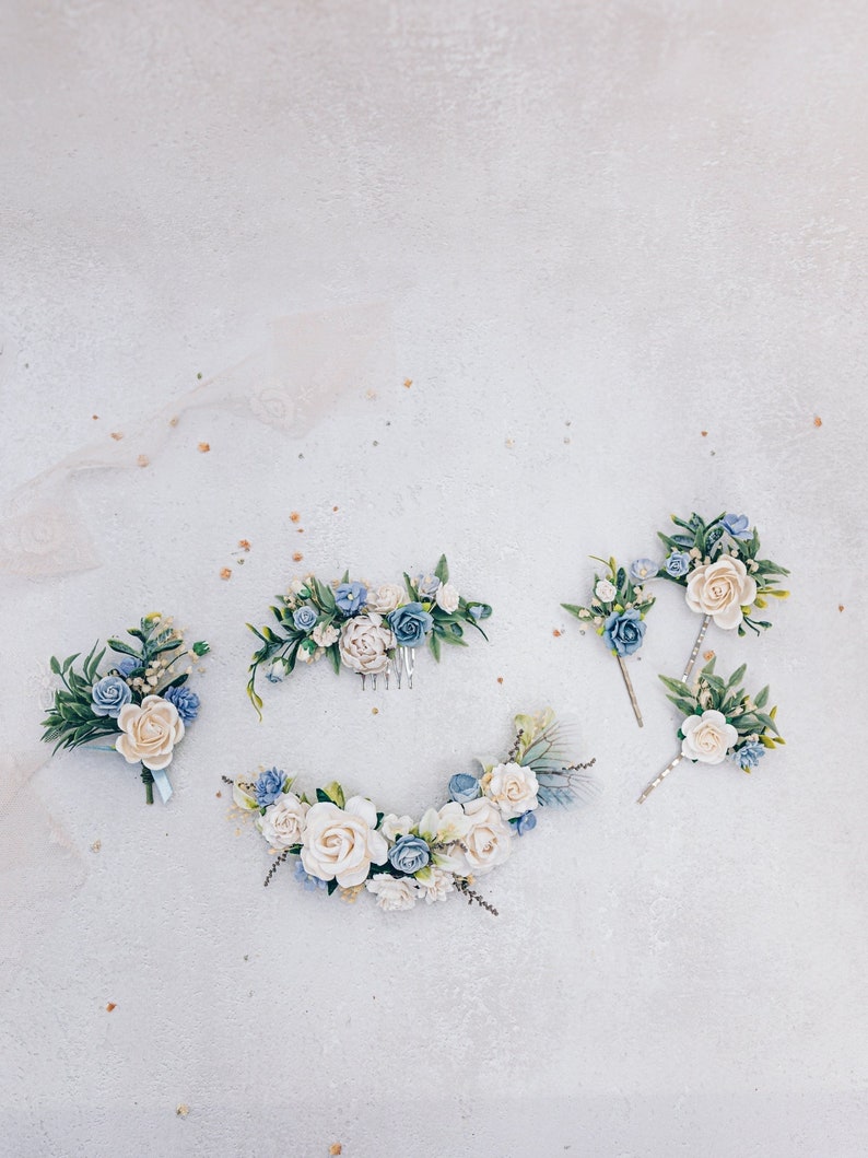Blue bridal headpiece, hair comb, bobby pins or boutonniere. Roses, butterfly, eucalyptus and dried gypsophila. Boho wedding accessories image 1