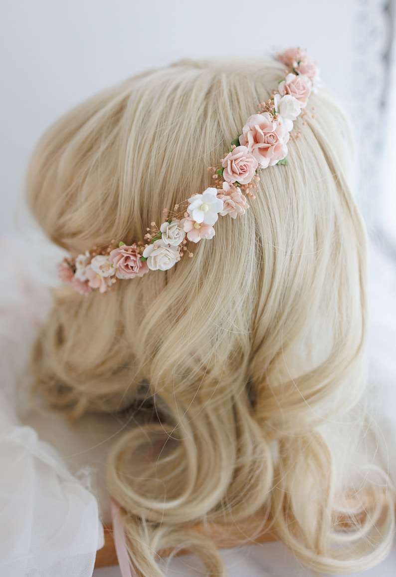 Dried flower crown with baby's breath and dusty rose flowers. Bridal headpiece, flower hair wreath, fairy crown, blush pink wedding headband image 9