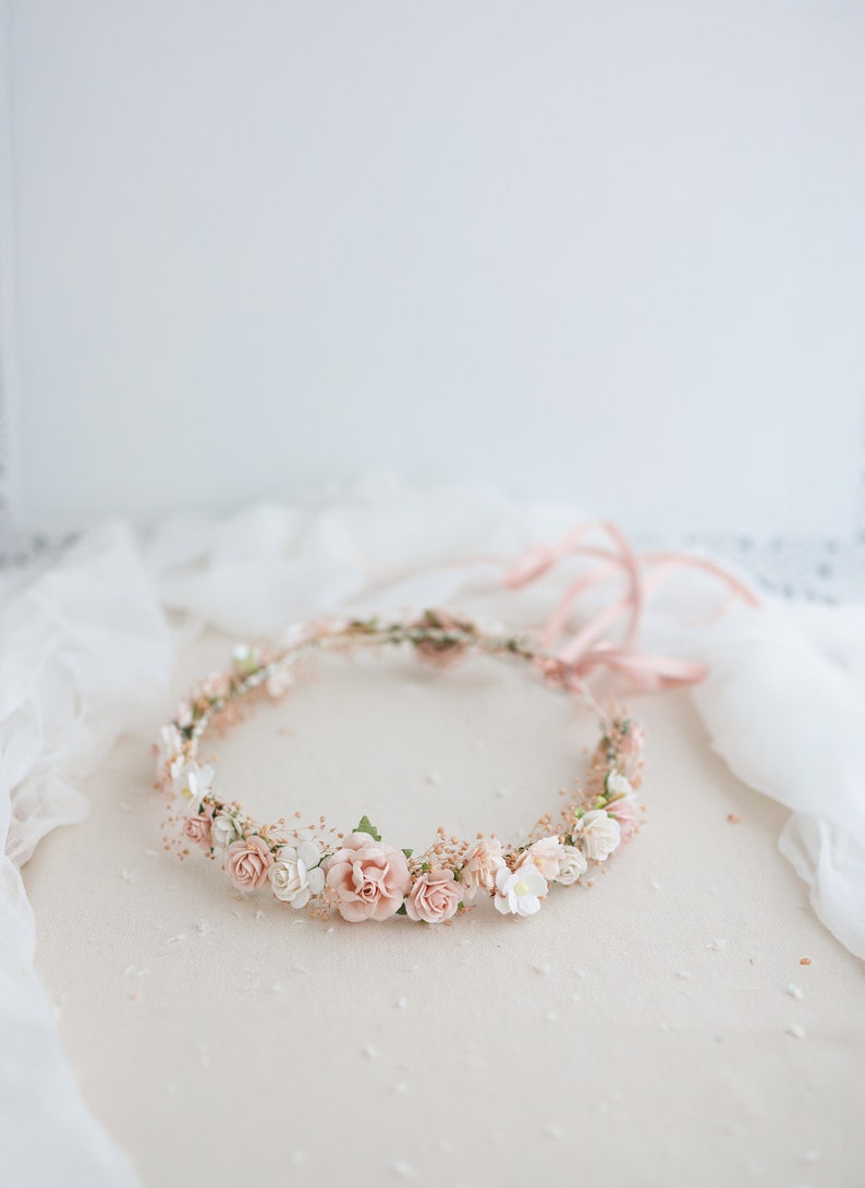 Dried flower crown with baby's breath and dusty rose flowers. Bridal headpiece, flower hair wreath, fairy crown, blush pink wedding headband image 1