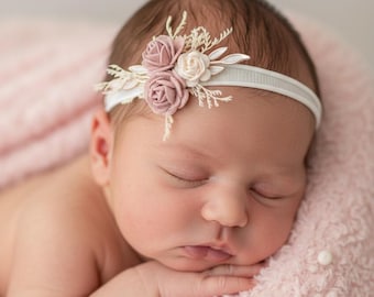 Boho Baby Headband with dusty pink flowers | Newborn Photography Prop | Baby Flower Crown | Baby Girl Headband | Toddler Floral Headband
