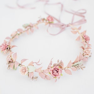 Bridal Flower Crown - dusty pink, blush, mauve flowers, ruscus, roses and greenaries. Wedding and Festive Headpiece Boho Rustic Hair Wreath