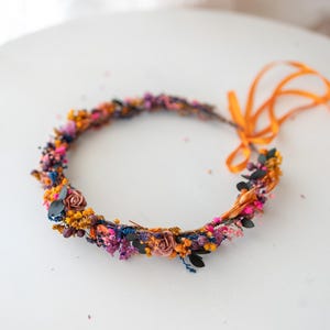 Romantic flower crown with baby&#39;s breath, dried flowers and eucalyptus. Colorful bridal flower hair wreath, fairy crown, meadow headpiece