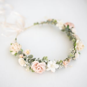 Bridal Flower Crown light pink, champagne, ivory, blush. Wedding Headpiece Boho Rustic Hair Wreath with Baby's breath, eucalyptus leaves image 5