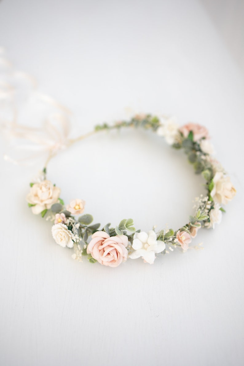 Bridal Flower Crown light pink, champagne, ivory, blush. Wedding Headpiece Boho Rustic Hair Wreath with Baby's breath, eucalyptus leaves image 5