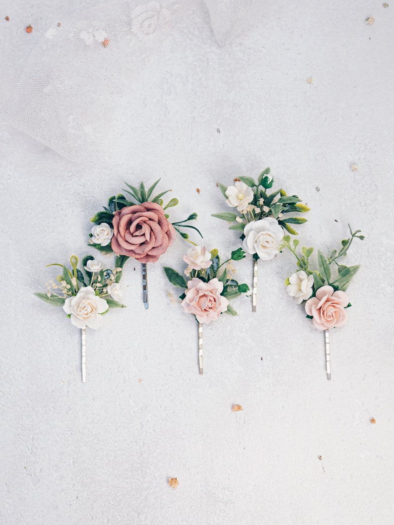 Hochzeit Accessoires in altrosa und mauve, Braut Haarschmuck, Haarkamm, Braütigam Boutonniere mit Rosen, Trocken Blumen, Eukalyptus Set x 5 hair pins