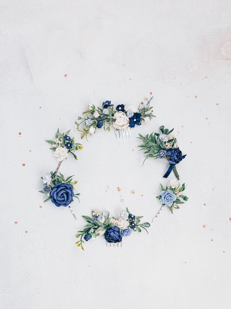 Peigne de mariée avec fleurs bleu foncé et blanches, coiffe de mariage bohème. Fleurs pour cheveux de demoiselle d'honneur, accessoire pour cheveux, bleu marine, bleu marine image 7