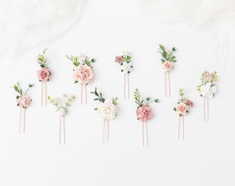 Épingles à cheveux de mariée, épingles à cheveux florales, épingles à cheveux avec roses ivoire et blush, pivoines, souffle de bébé séché, eucalypse. Casque de mariage