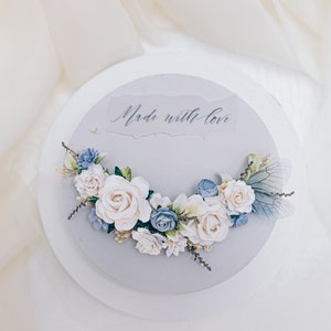 Bridal headpiece with blue and white flowers, dried Baby's breath, preserved stoebe and delicate butterfly wings. Romantic wedding hair vine image 6