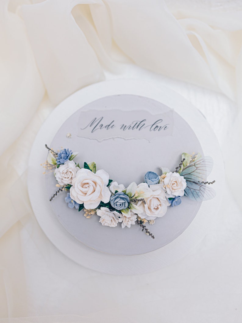 Bridal headpiece with blue and white flowers, dried Baby's breath, preserved stoebe and delicate butterfly wings. Romantic wedding hair vine image 6