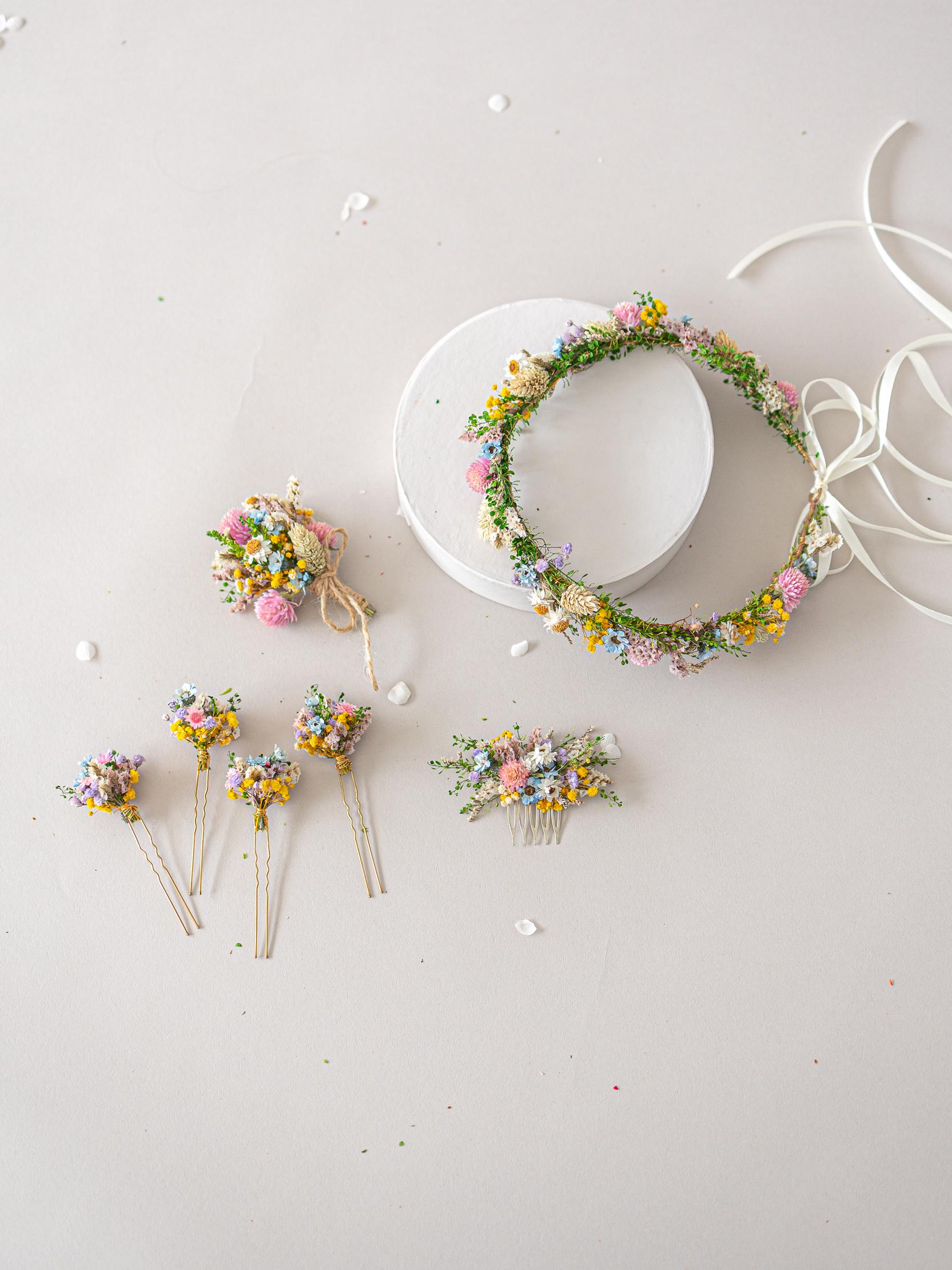 Colorful Flower Crown With Dried Flowers. Bridal Flower Hair