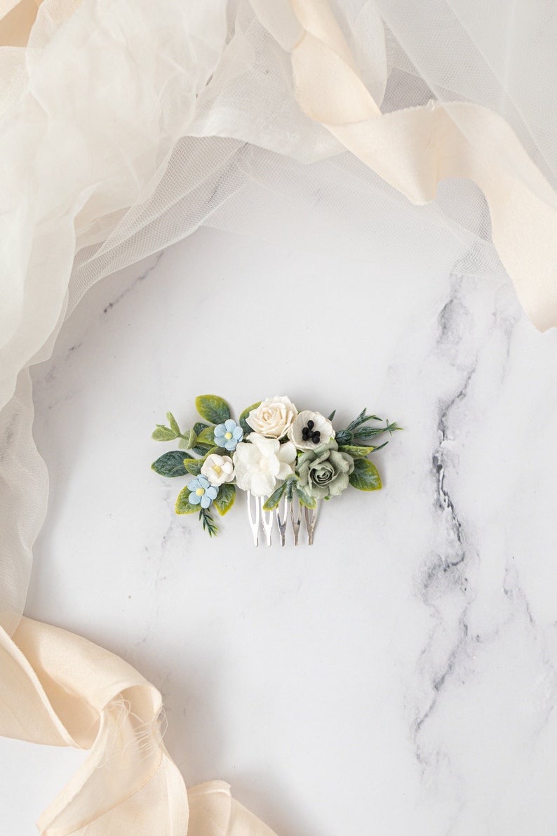 Bridal hair comb roses, forget-me-not flowers, anemones, eucalyptus leaves. Boho Rustic wedding headpiece. Bridesmaid hair flowers image 1