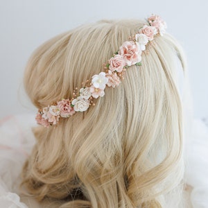 Corona di fiori secchi con respiro di bambino e fiori di rosa polverosa. Copricapo da sposa, ghirlanda di capelli di fiori, corona di fata, fascia da sposa rosa cipria immagine 8