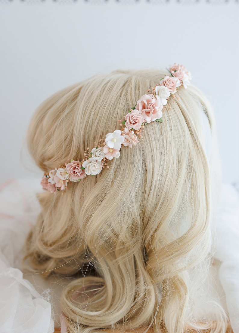 Dried flower crown with baby's breath and dusty rose flowers. Bridal headpiece, flower hair wreath, fairy crown, blush pink wedding headband image 8