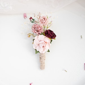Boutonniere for the groom Boho and Rustic Wedding. Flower Brooch  with eucalyptus leaves, ruskus, foliage, roses and wild flowers