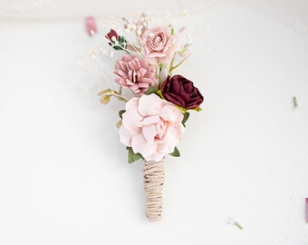 Boutonniere for the groom Boho and Rustic Wedding. Flower Brooch  with eucalyptus leaves, ruskus, foliage, roses and wild flowers