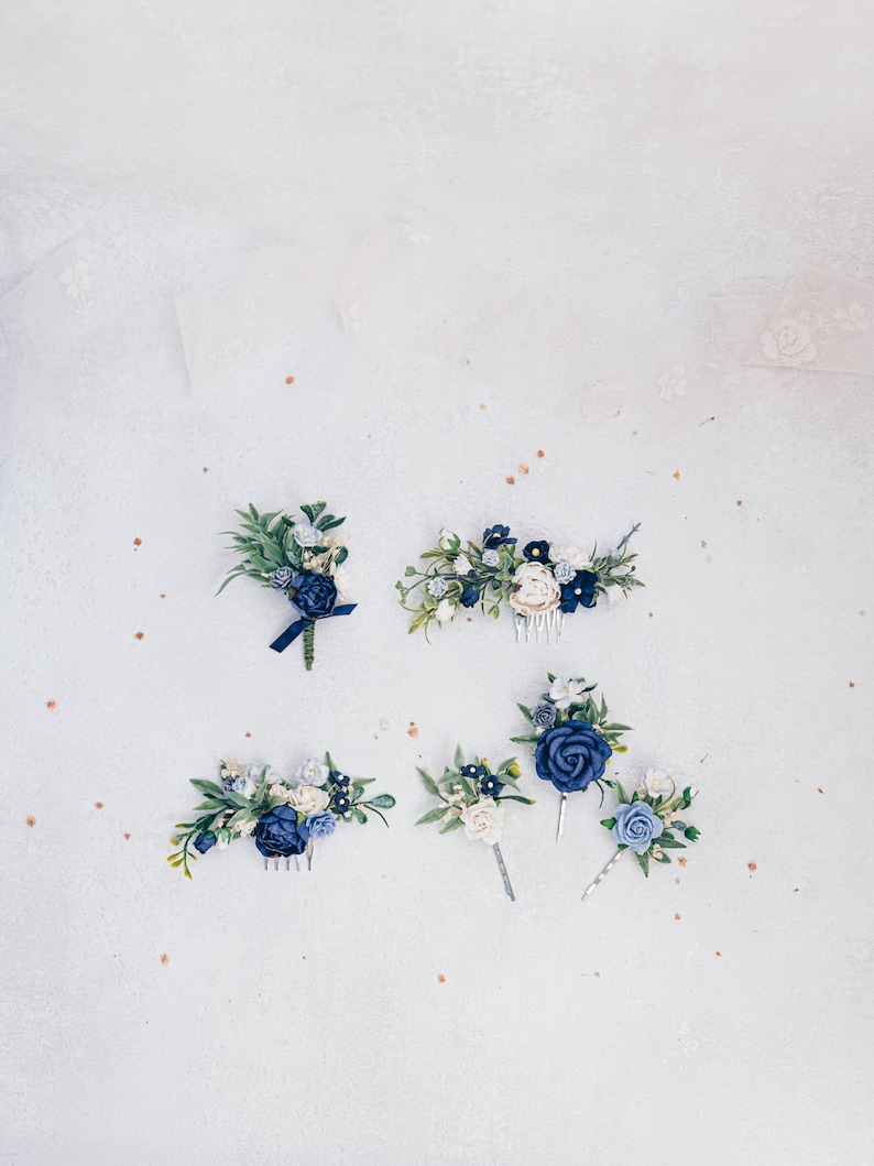 Bridal hair comb with dark blue and white flowers, Boho wedding headpiece. Bridesmaid hair flowers,hair accessory, dusty blue,navy image 3