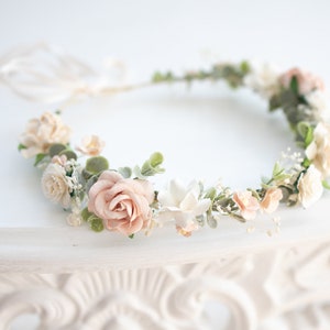 Bridal Flower Crown light pink, champagne, ivory, blush. Wedding Headpiece Boho Rustic Hair Wreath with Baby's breath, eucalyptus leaves image 9