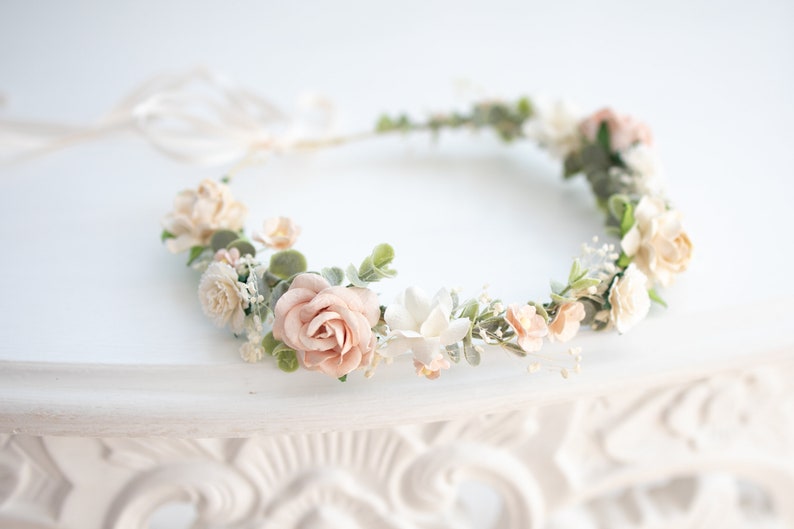 Bridal Flower Crown light pink, champagne, ivory, blush. Wedding Headpiece Boho Rustic Hair Wreath with Baby's breath, eucalyptus leaves image 9