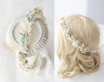 Dried flower crown with baby's breath and hydrangea in blue and ivory. Bridal headpiece, flower hair wreath, preserved flowers fairy crown