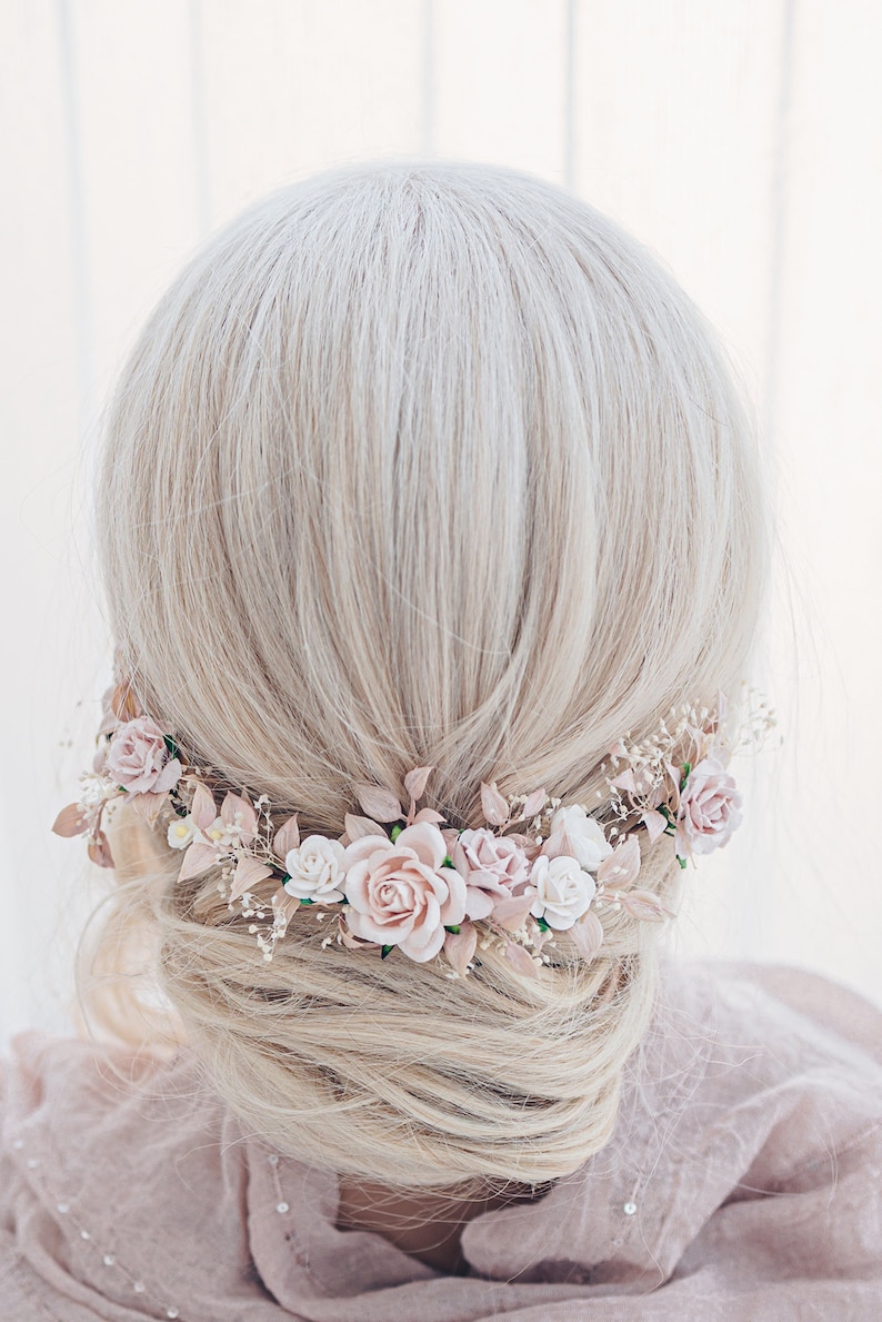 Bridal Hair Vine with blush roses, dried baby's breath,ruskus leaves. Boho Rustic wedding Headpiece pink and Ivory. Vintage inspired crown image 3