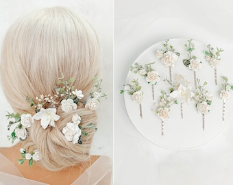 Bridal hair pins, wedding headpiece, floral bobby pins, hair pins with flowers, dried gypsophila, eucalyptus and foliage