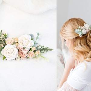 Bridal Hair Comb with Flowers and Eucalyptus Leaves Wedding Headpiece Blush and Ivory  Vintage Inspired Hairpiece Bridesmaid Hair Clip